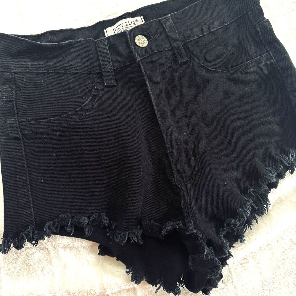 Judy Blue Black Denim Jean Shorts #1039 High Waist Cutoff  Frayed Hem - Size S